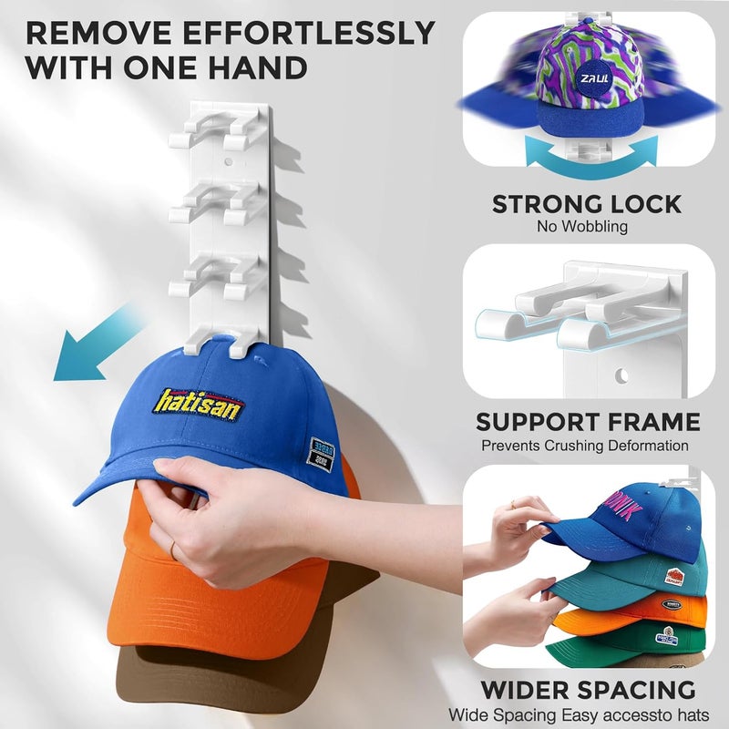 Hatisan Hat Organizer for Baseball Caps Wall, 2 Pack Hat Holder for Closet Door Hold up to 16 Hats,Hat Hook with Adhesive and 8 Screws, Hat Hanger Cap Holder Hat Hangers for Wall Closet Door Bedroom(A-White) - Image 2